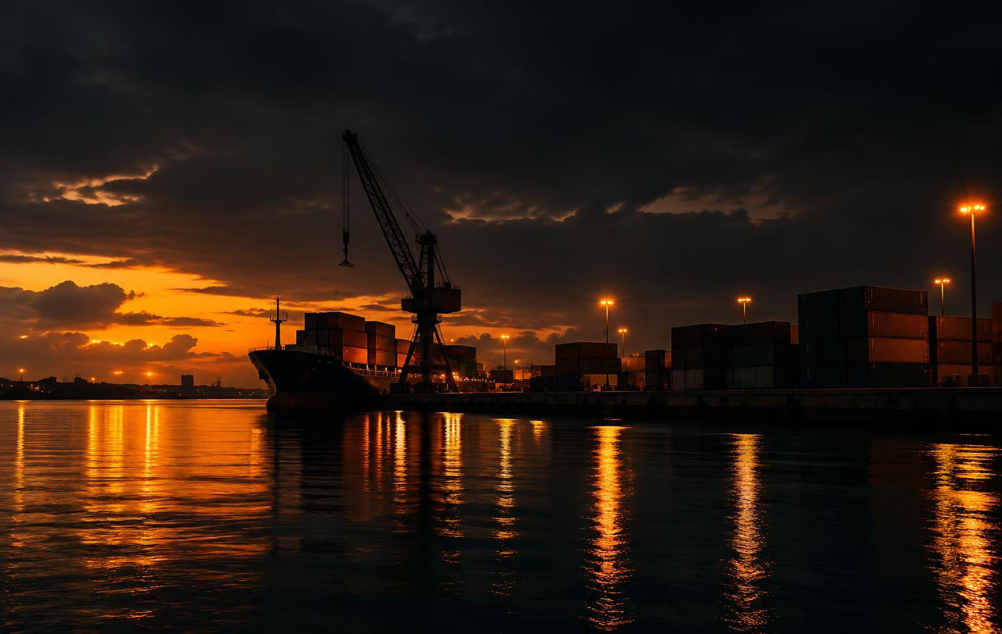 Cargo containers and a crane at a West African port at dusk